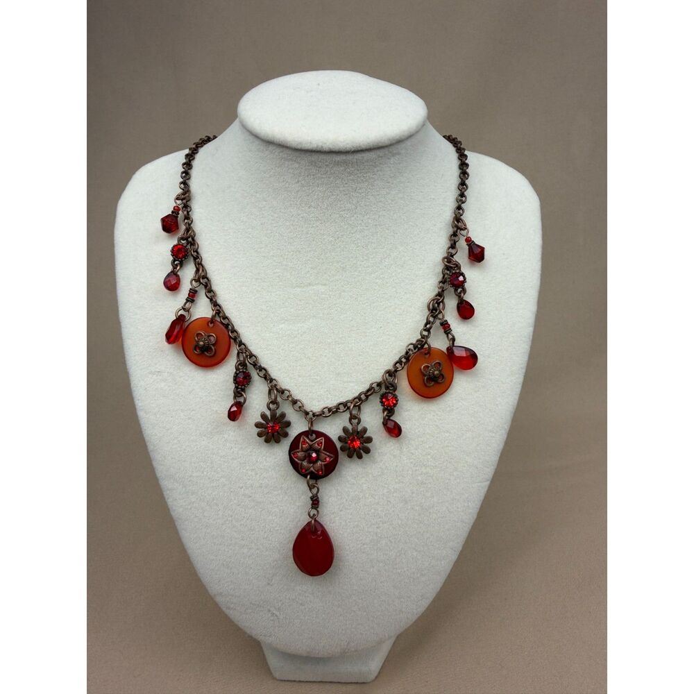 Vintage 1990s Antique Copper & Ruby Red Glass Charm Fringe Necklace
